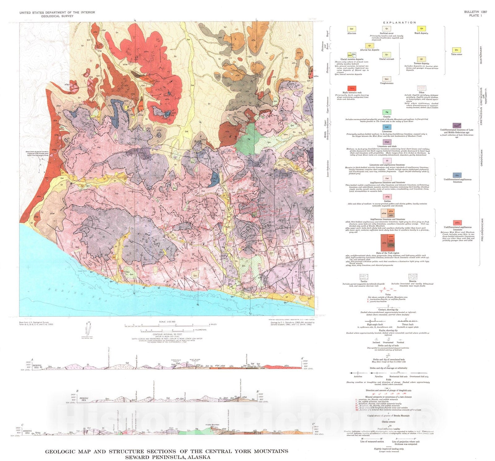 Map : Geology and ore deposits of the central York Mountains, western Seward Peninsula, Alaska, 1969 Cartography Wall Art :