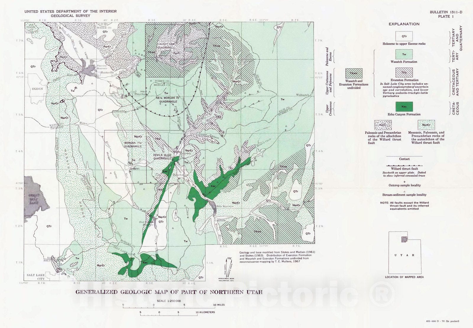 Map : Reconnaissance study of the Wasatch, Evanston, and Echo Canyon Formations in part of northern Utah, 1971 Cartography Wall Art :