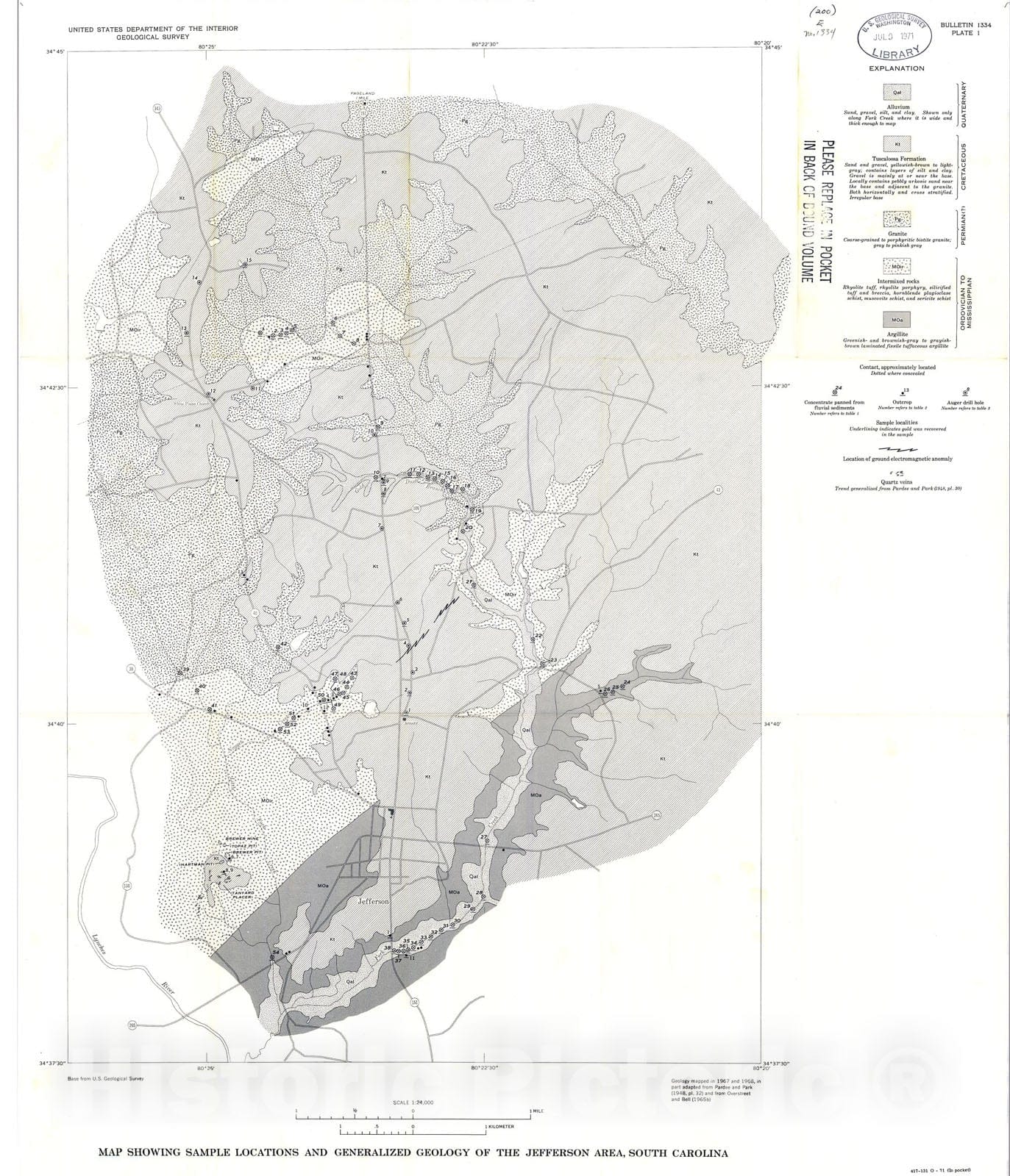 Map : Gold occurrences near Jefferson, South Carolina, 1971 Cartography Wall Art :