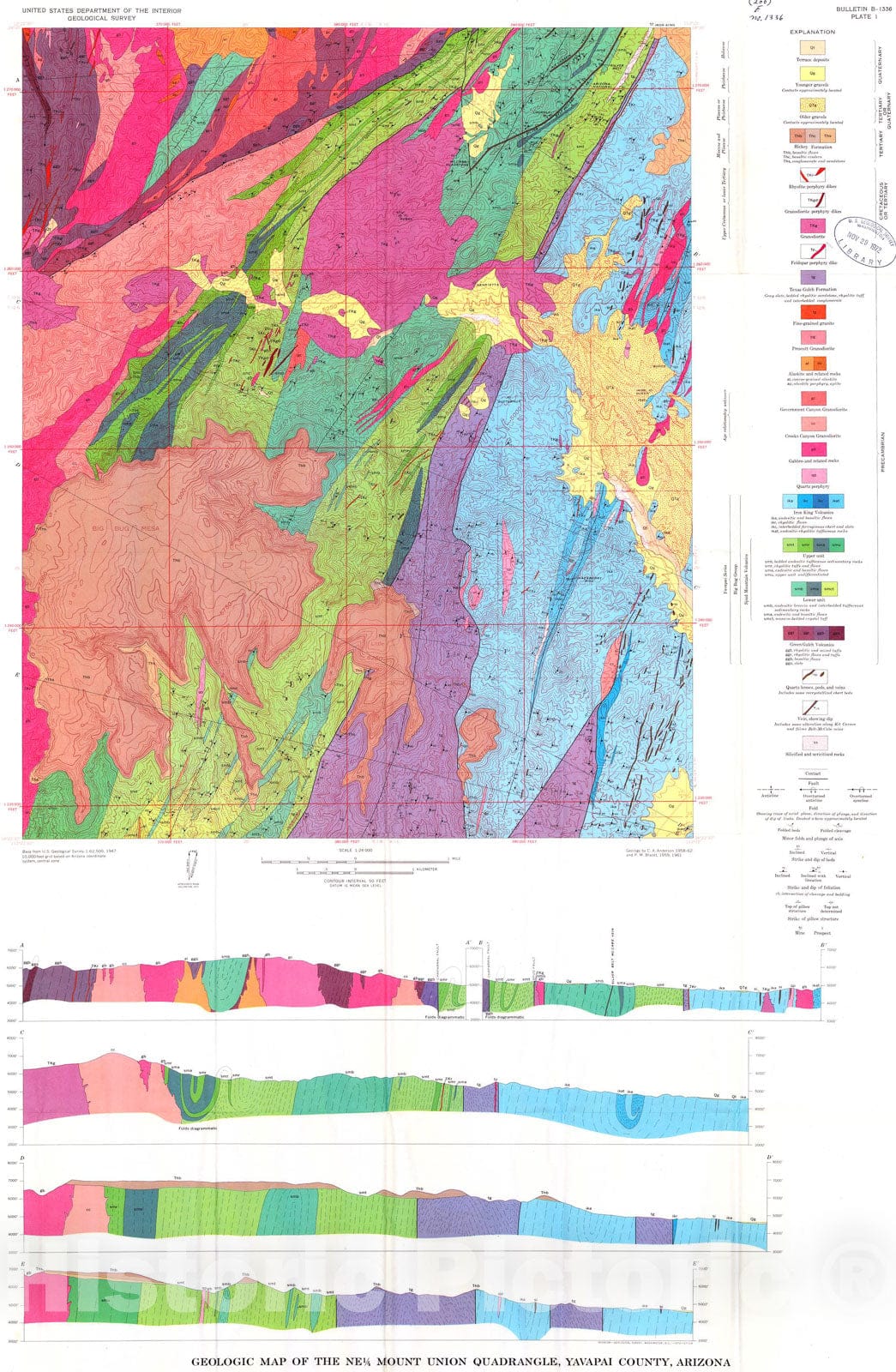 Map : Precambrian geology of the northern Bradshaw Mountains, Yavapai County, Arizona, 1972 Cartography Wall Art :