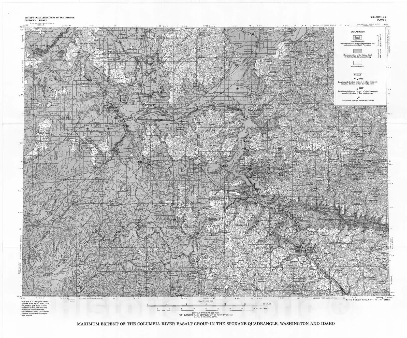 Map : The Columbia River Basalt Group in the Spokane quadrangle, Washington, Idaho, and Montana, with a section on petrography, 1976 Cartography Wall Art :