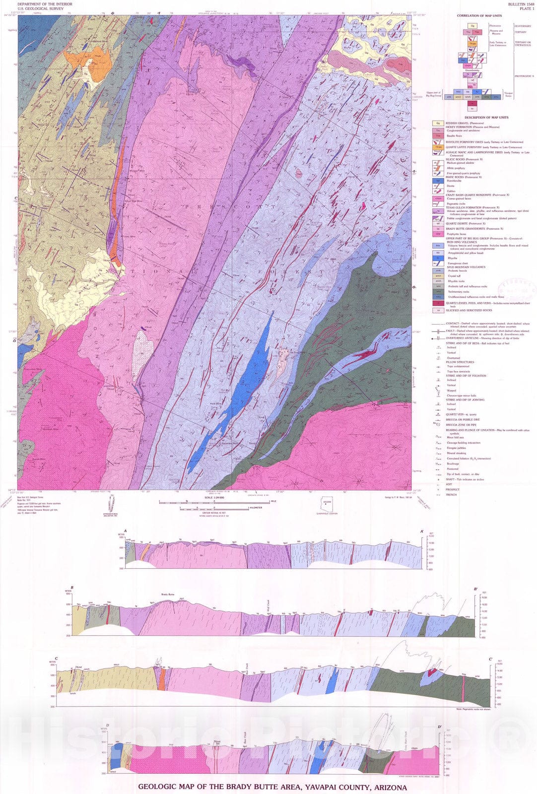 Map : Proterozoic geology of the Brady Butte area, Yavapai County, Arizona, 1985 Cartography Wall Art :