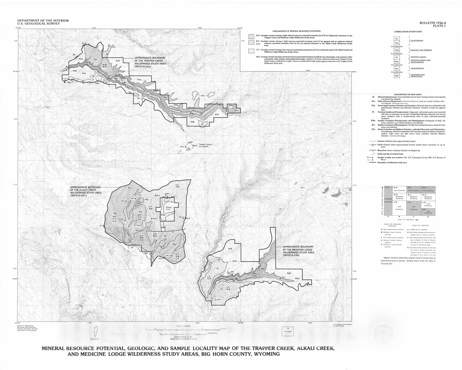 Map : Mineral resources of the Medicine Lodge, Alkali Creek, and Trapper Creek Wilderness Study Areas, Big Horn County, Wyoming, 1989 Cartography Wall Art :
