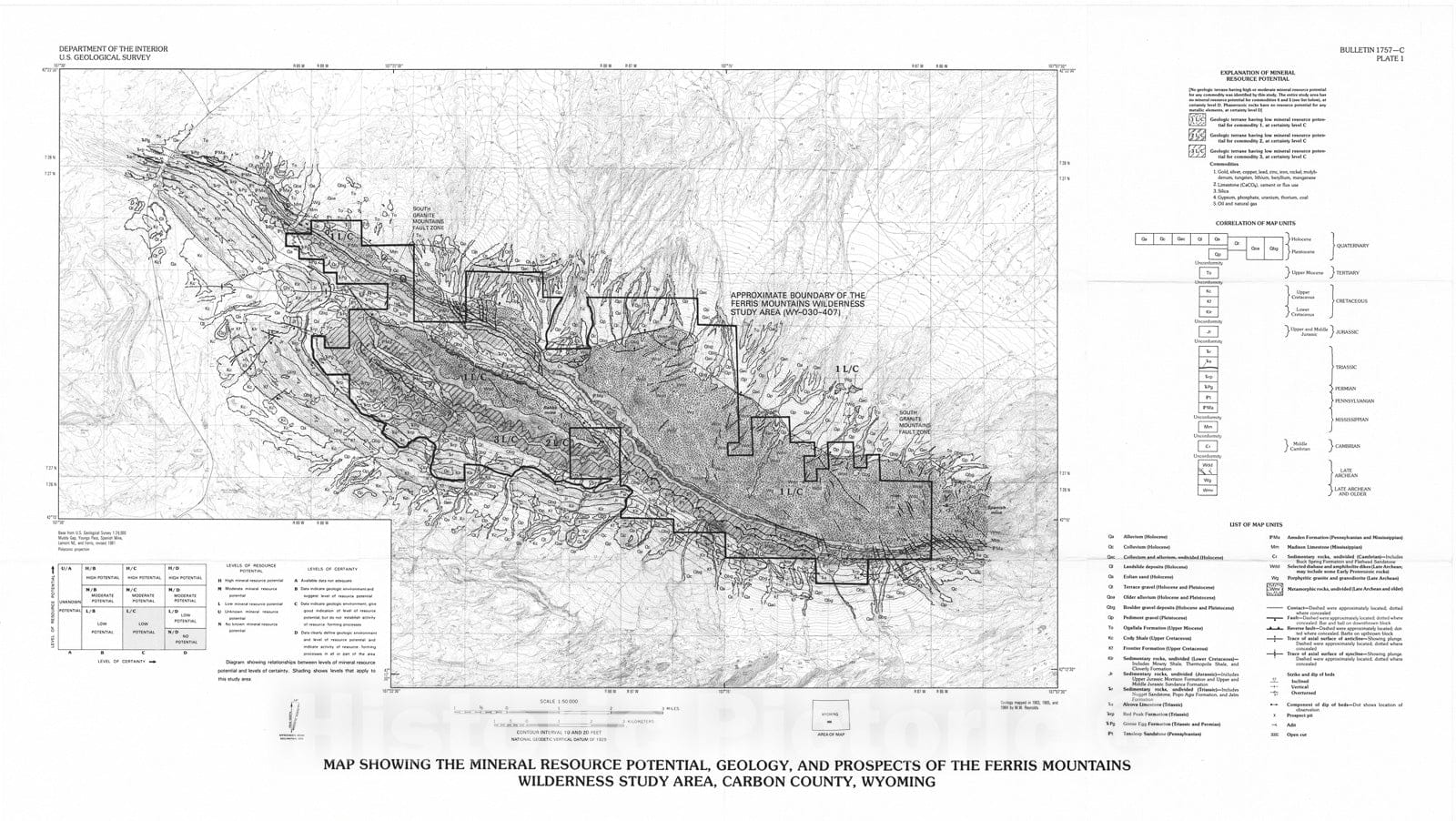 Map : Mineral resources of the Ferris Mountains Wilderness Study Area, Carbon County, Wyoming, 1988 Cartography Wall Art :