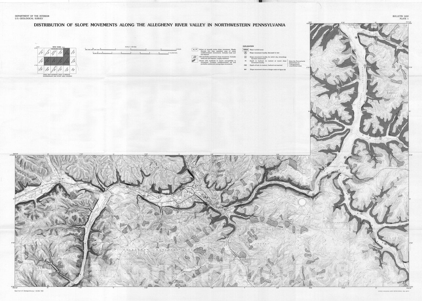 Map : Slope movements in the Warren-Allegheny Reservoir area, Northwestern Pennsylvania, 1986 Cartography Wall Art :