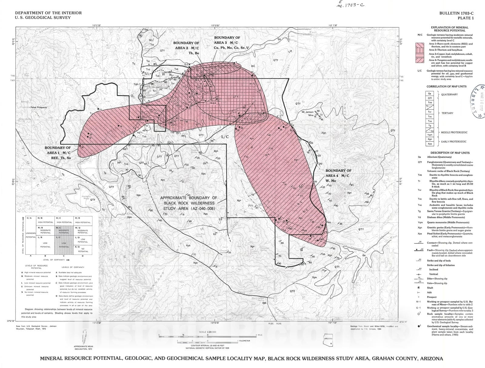 Map : Mineral resources of the Black Rock Wilderness Study Area, Graham County, Arizona, 1987 Cartography Wall Art :