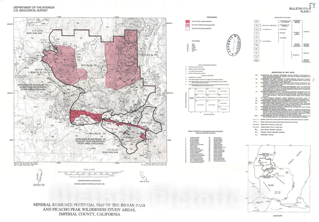 Map : Mineral resources of the Indian Pass and Picacho Peak Wilderness Study Areas, Imperial County, California, 1987 Cartography Wall Art :