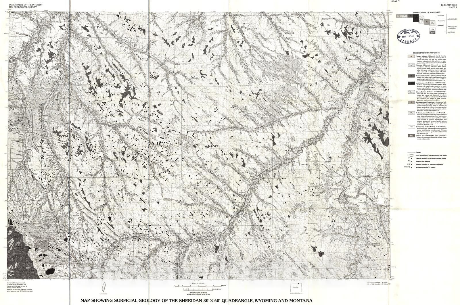 Map : Surficial geology of the Sheridan 30' X 60' quadrangle, Wyoming and Montana, 1988 Cartography Wall Art :