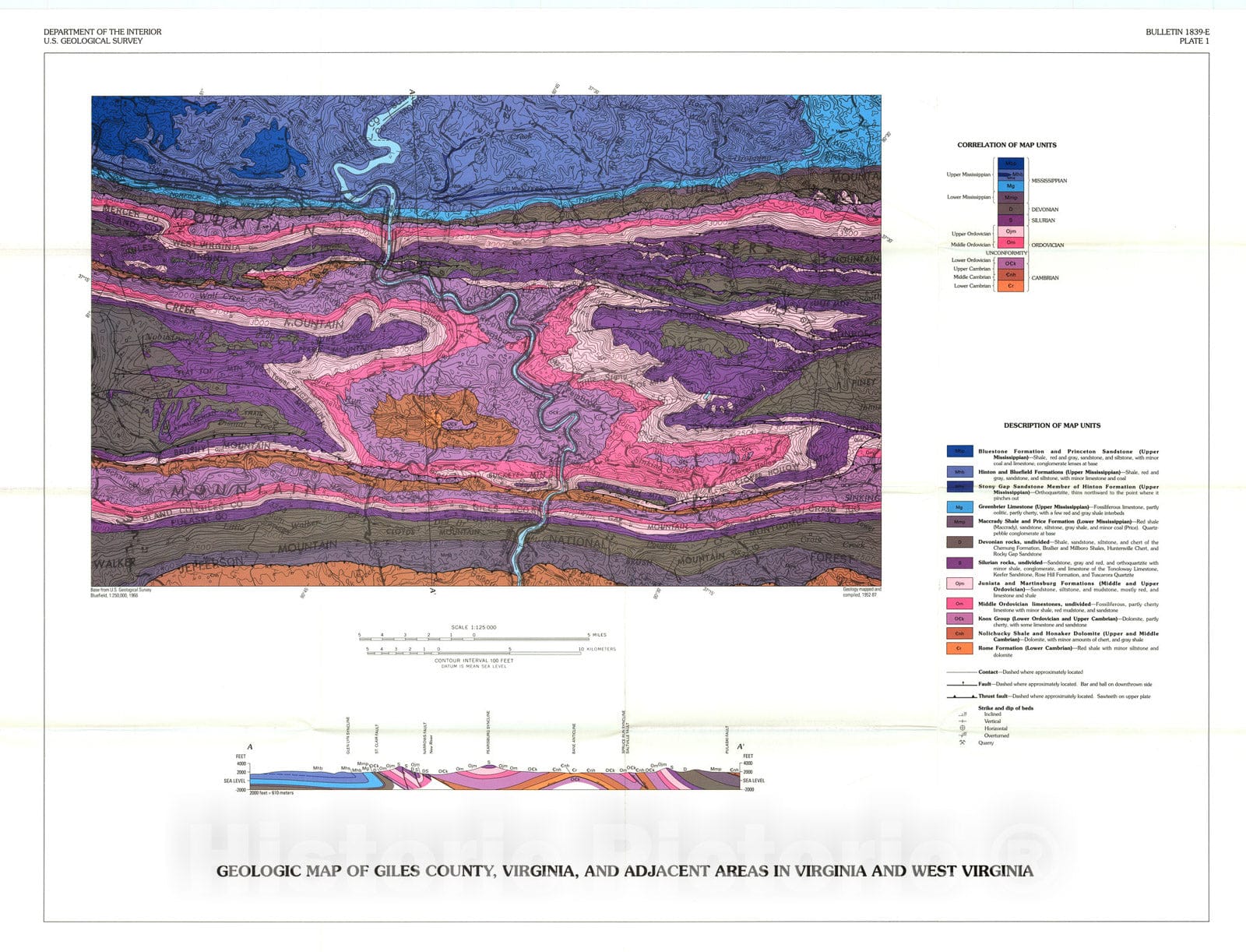 Map : Structural and stratigraphic framework of the Giles County area, a part of the Appalachian basin of Virginia and West Virginia, 1990 Cartography Wall Art :
