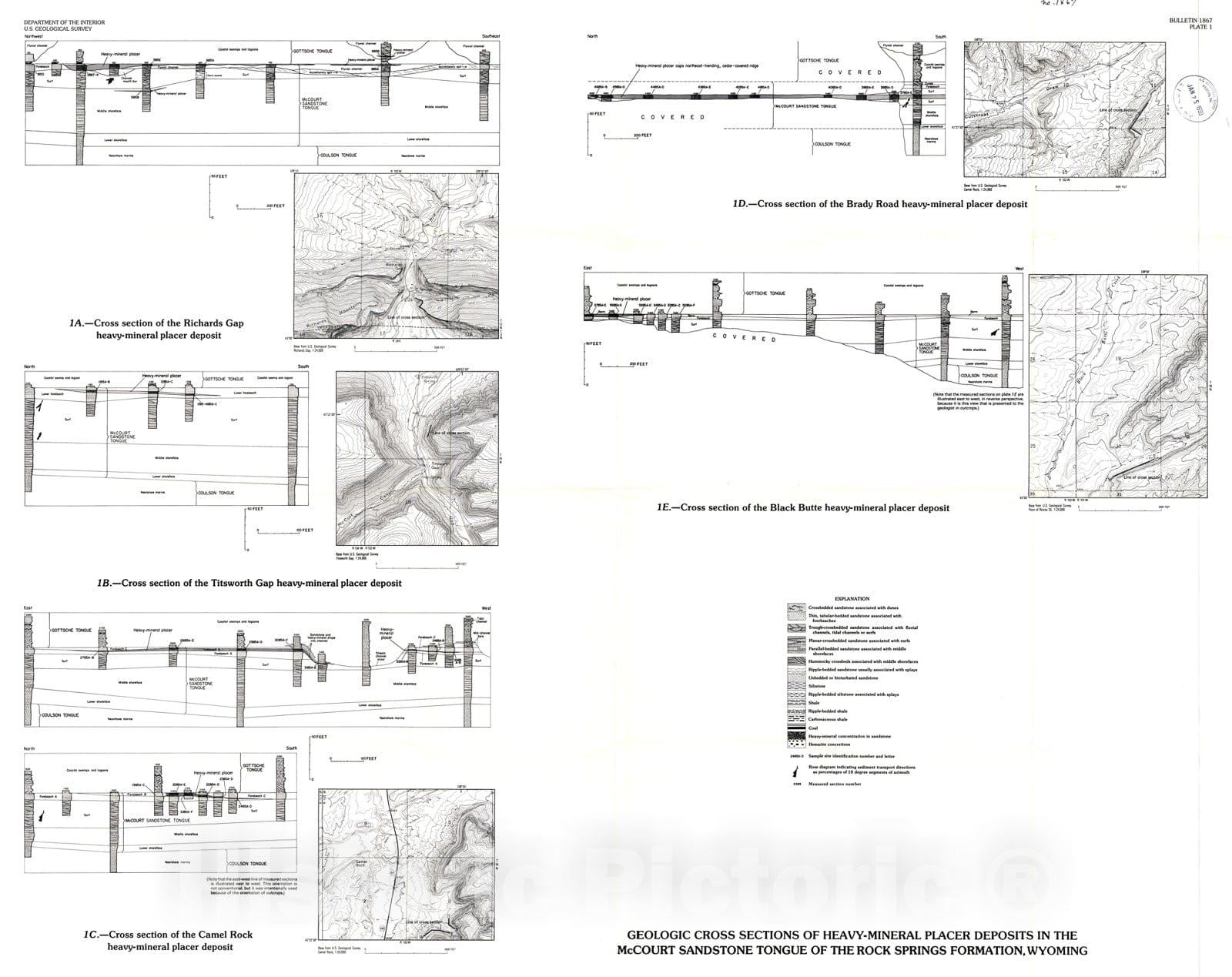 Map : Origin and distribution of six heavy-mineral placer deposits in coastal-marine sandstones in the Upper Cretaceous McCourt Sandston, 1989 Cartography Wall Art :