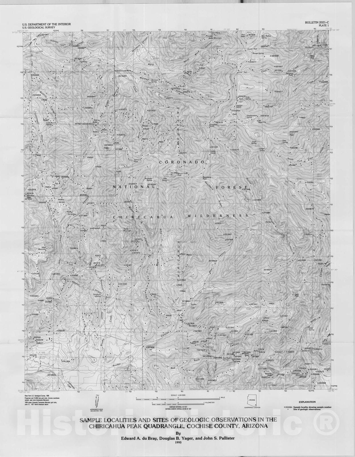 Map : Chiricahua Peak quadrangle, Cochise County, Arizona - analytical data and geologic sample catalog, 1993 Cartography Wall Art :