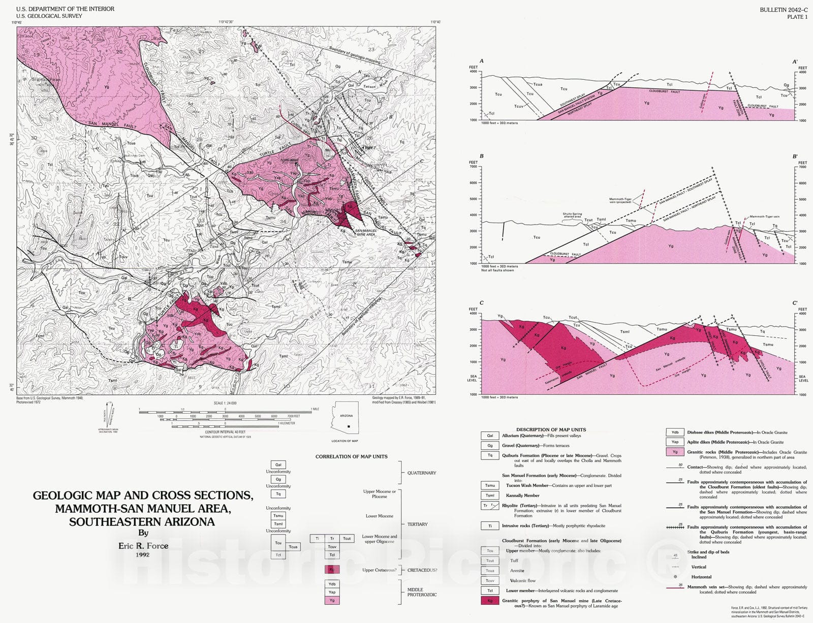 Map : Structural context of mid-Tertiary mineralization in the Mammoth and San Manuel districts, southeastern Arizona, 1992 Cartography Wall Art :