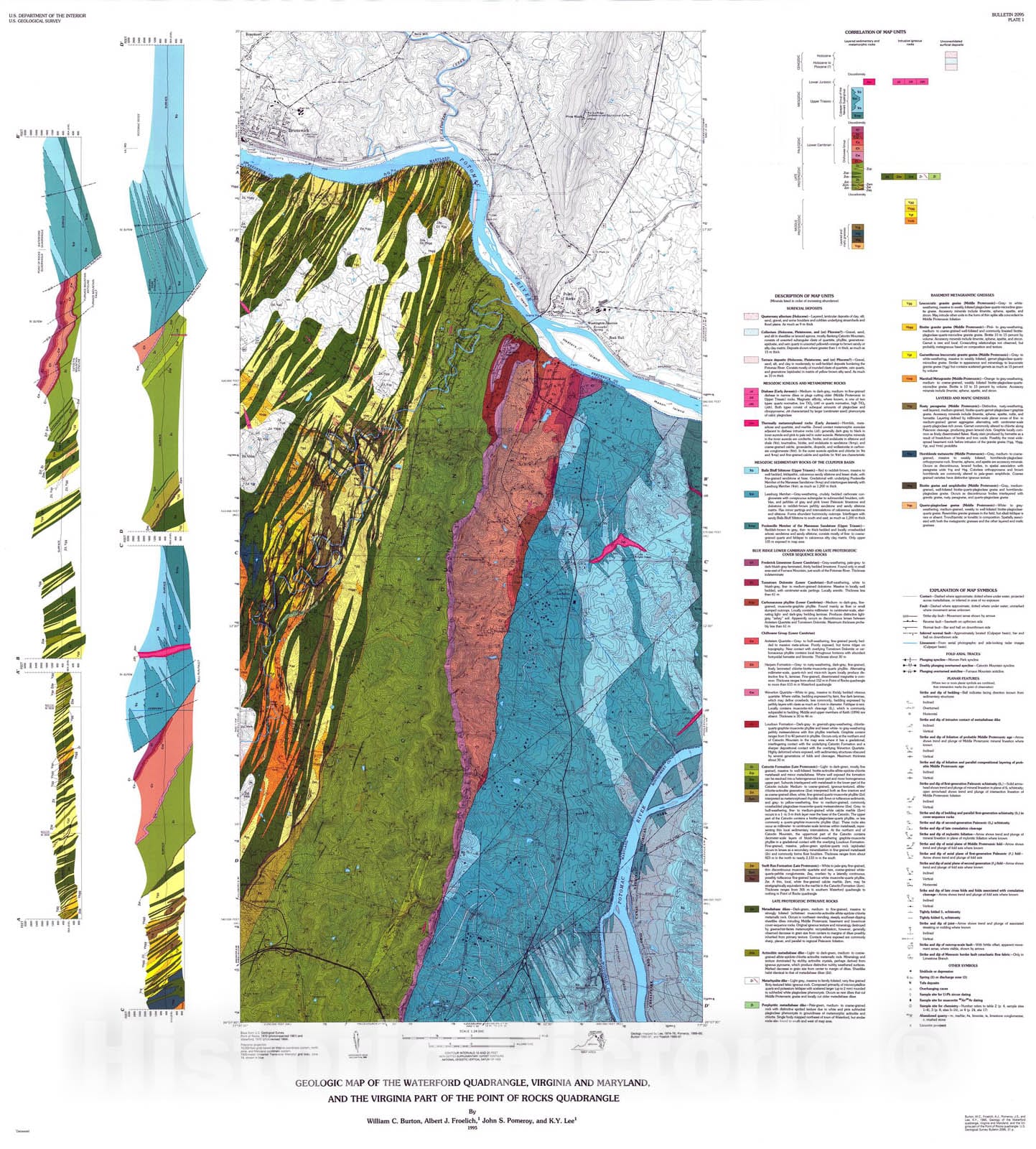 Map : Geology of the Waterford quadrangle, Virginia and Maryland, and the Virginia part of the Point of Rocks quadrangle, 1995 Cartography Wall Art :