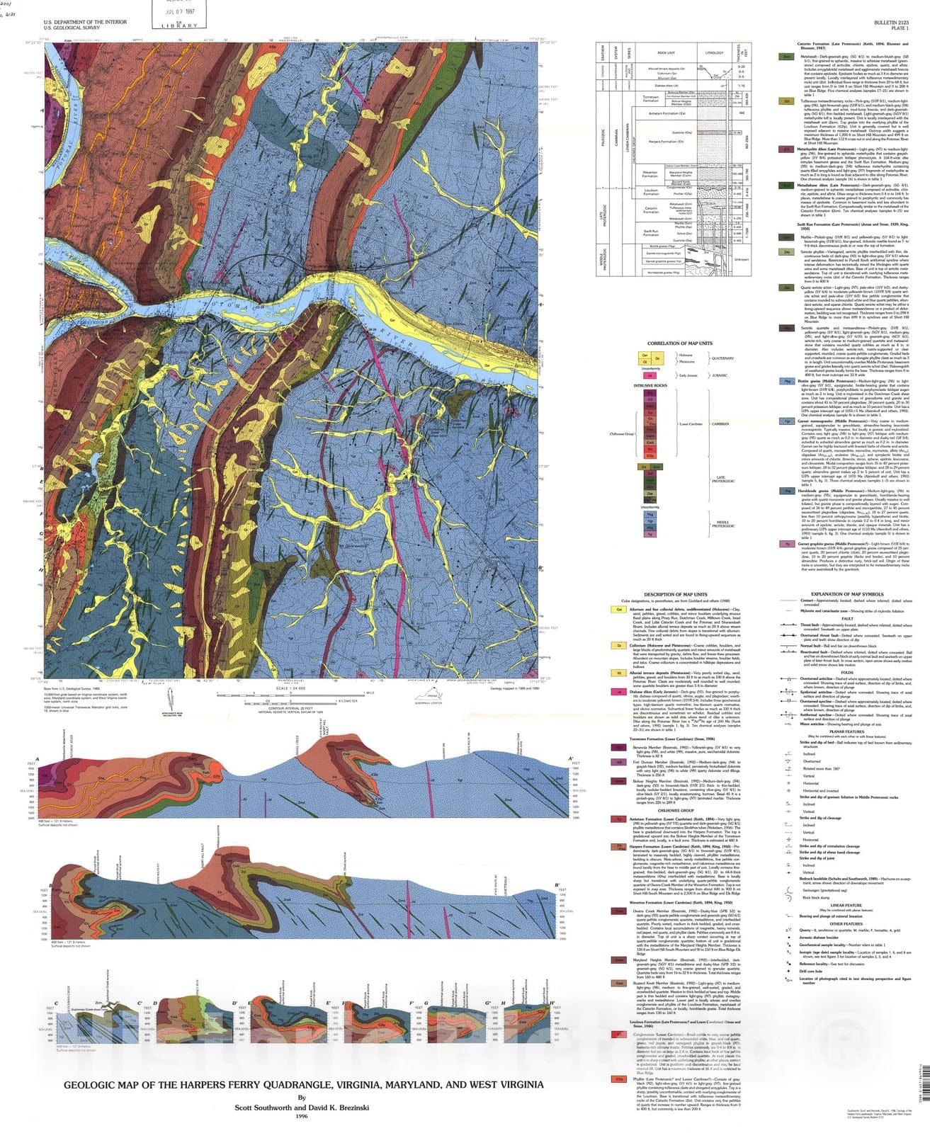 Map : Geology of the Harpers Ferry quadrangle, Virginia, Maryland, and West Virginia, 1996 Cartography Wall Art :