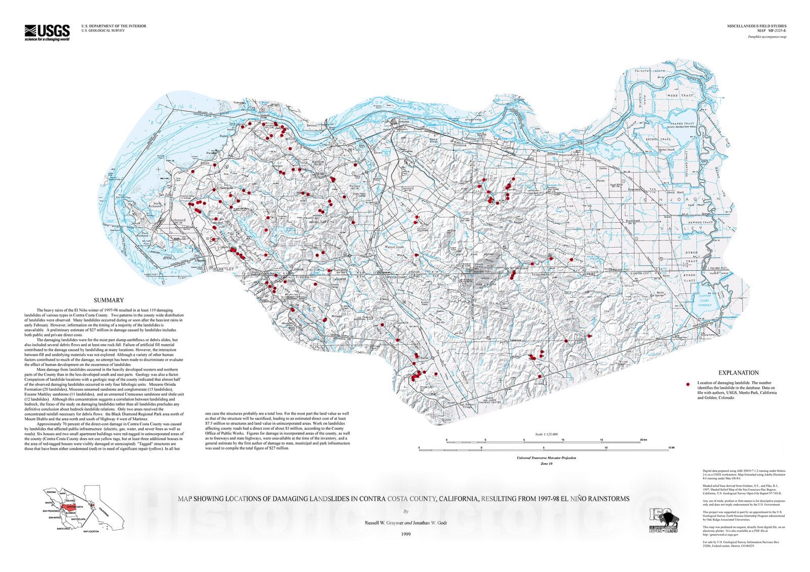 Map : Map showing locations of damaging landslides in Contra Costa County, California, resulting from 1997-98 El Nino rainstorms, 1999 Cartography Wall Art :