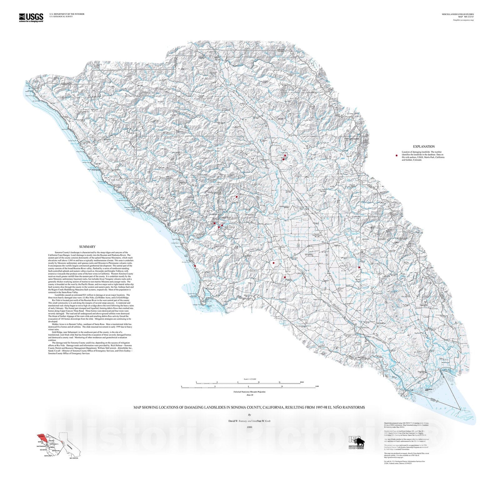 Map : Map showing locations of damaging landslides in Sonoma County, California, resulting from 1997-98 El Nino rainstorms, 1999 Cartography Wall Art :