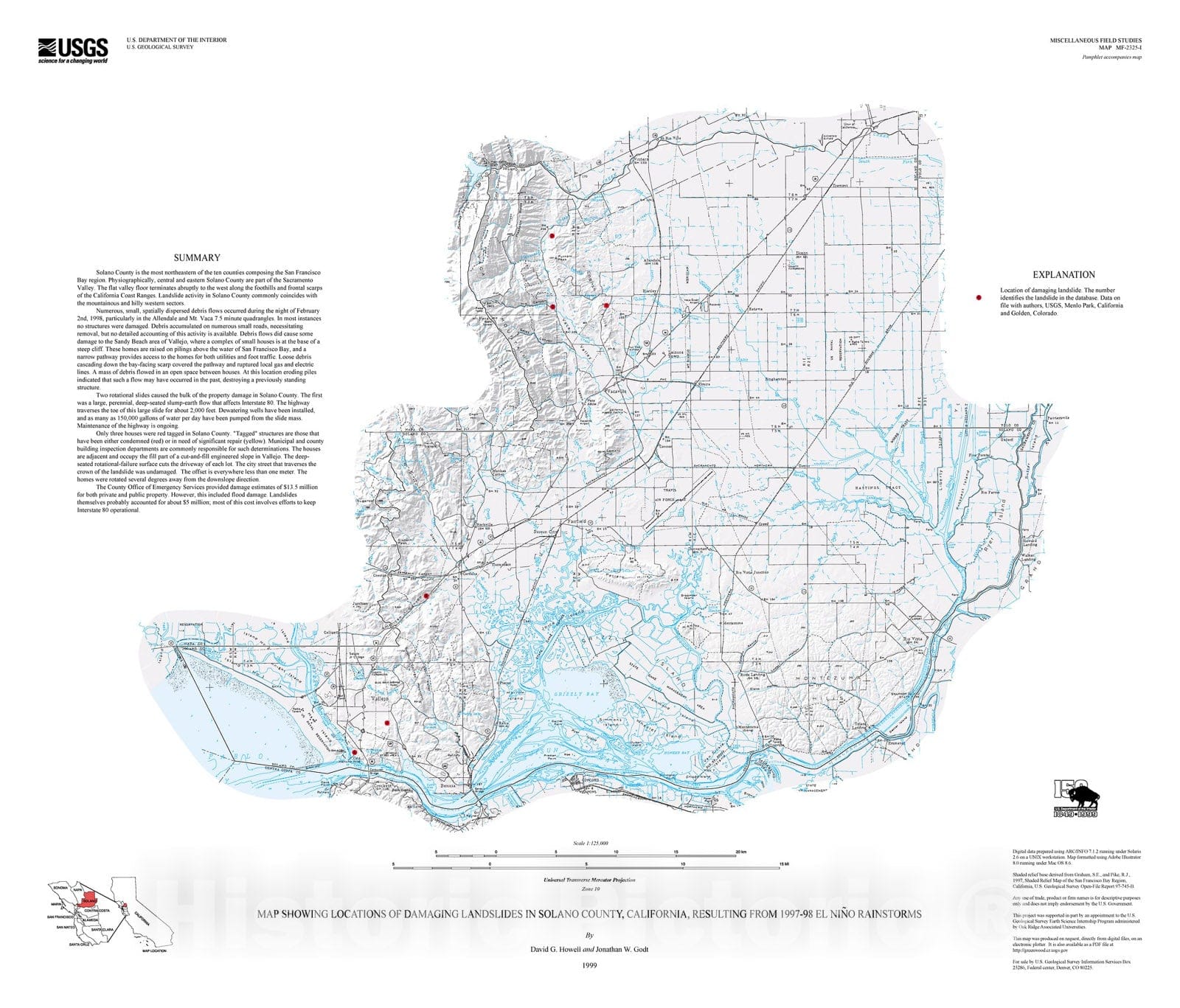Map : Map showing locations of damaging landslides in Solano County, California, resulting from 1997-98 El Nino rainstorms, 1999 Cartography Wall Art :