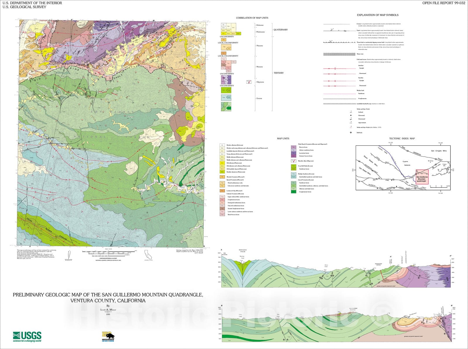 Map : Preliminary geologic map of the San Guillermo Mountain quadrangle, Ventura County, California, 1999 Cartography Wall Art :