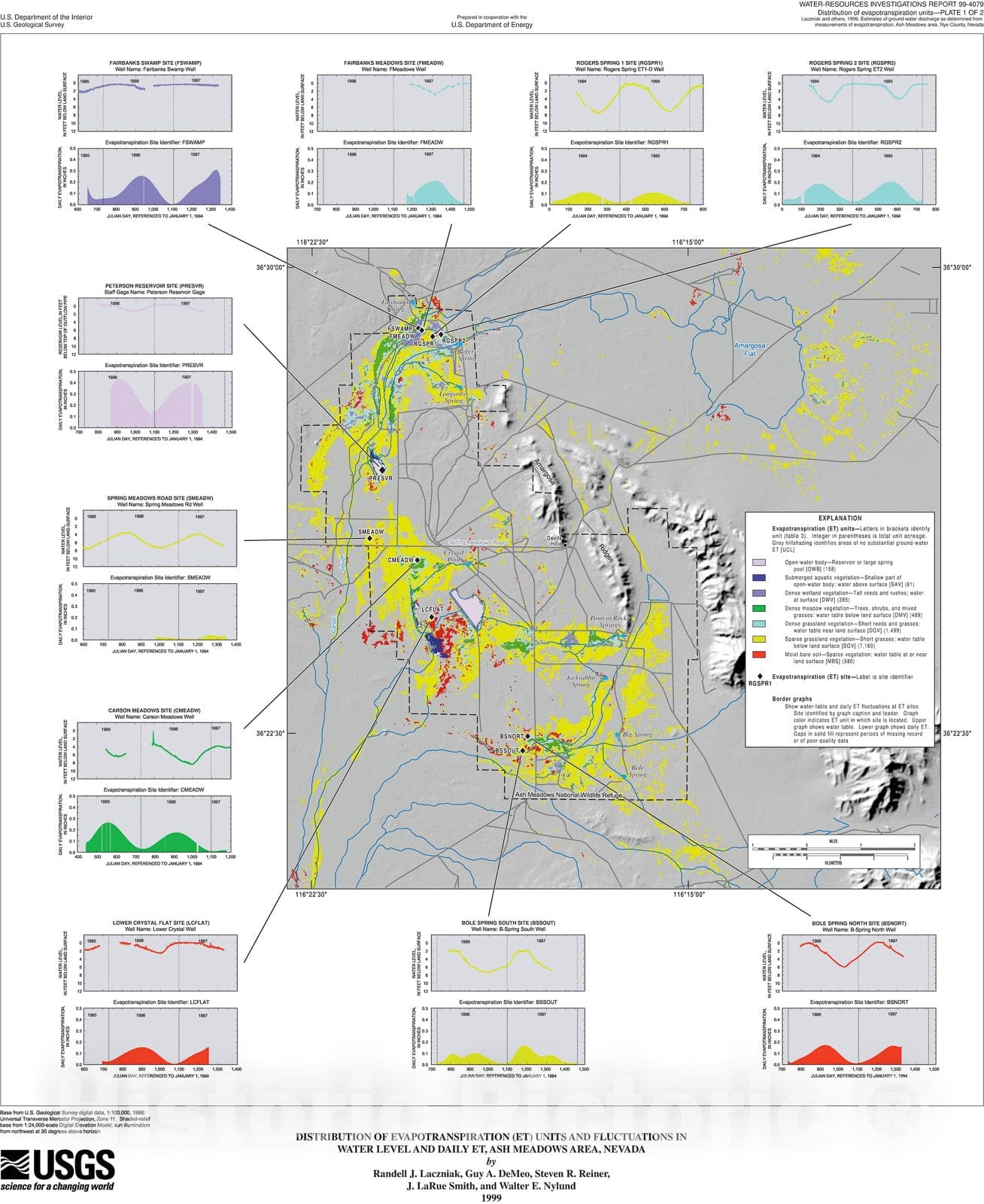 Map : Estimates of ground-water discharge as determined from measurements of evapotranspiration, Ash Meadows area, Nye County, Nevada, 1999 Cartography Wall Art :