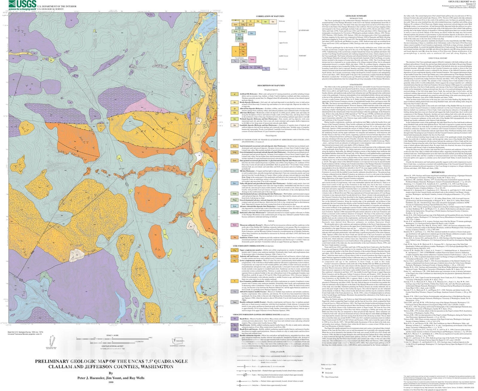 Map : Preliminary geologic map of the Uncas 7.5' quadrangle, Clallam and Jefferson Counties, Washington, 1999 Cartography Wall Art :
