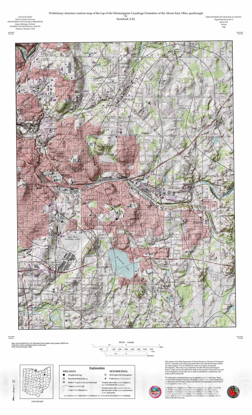 Map : Preliminary structure contour map of the top of the Mississippian Cuyahoga Formation of the Akron East, Ohio, quadrangle, 1996 Cartography Wall Art :