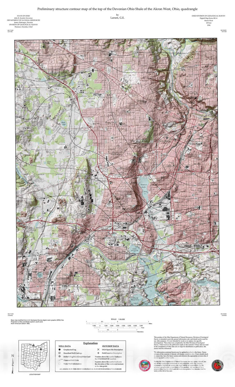Map : Preliminary structure contour map of the top of the Devonian Ohio Shale of the Akron West, Ohio, quadrangle, 1996 Cartography Wall Art :