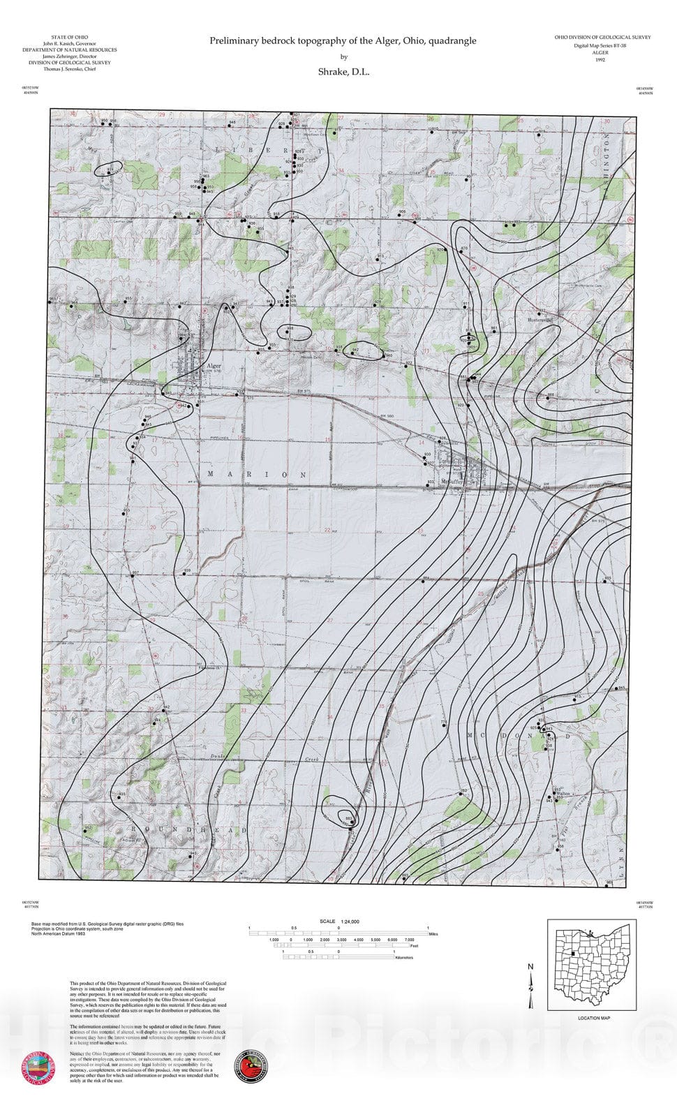 Map : Preliminary bedrock topography of the Alger, Ohio, quadrangle, 1992 Cartography Wall Art :