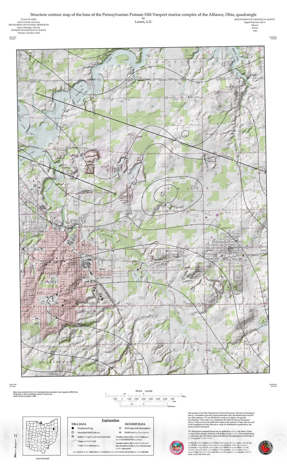 Map : Structure contour map of the base of the Putnam Hill-Vanport marine complex of the Alliance, Ohio, quadrangle, 1990 Cartography Wall Art :