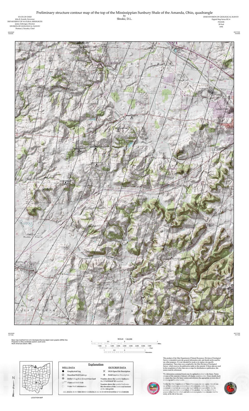 Map : Preliminary structure contour map of the top of the Mississippian Sunbury Shale of the Amanda, Ohio, quadrangle, 1995 Cartography Wall Art :