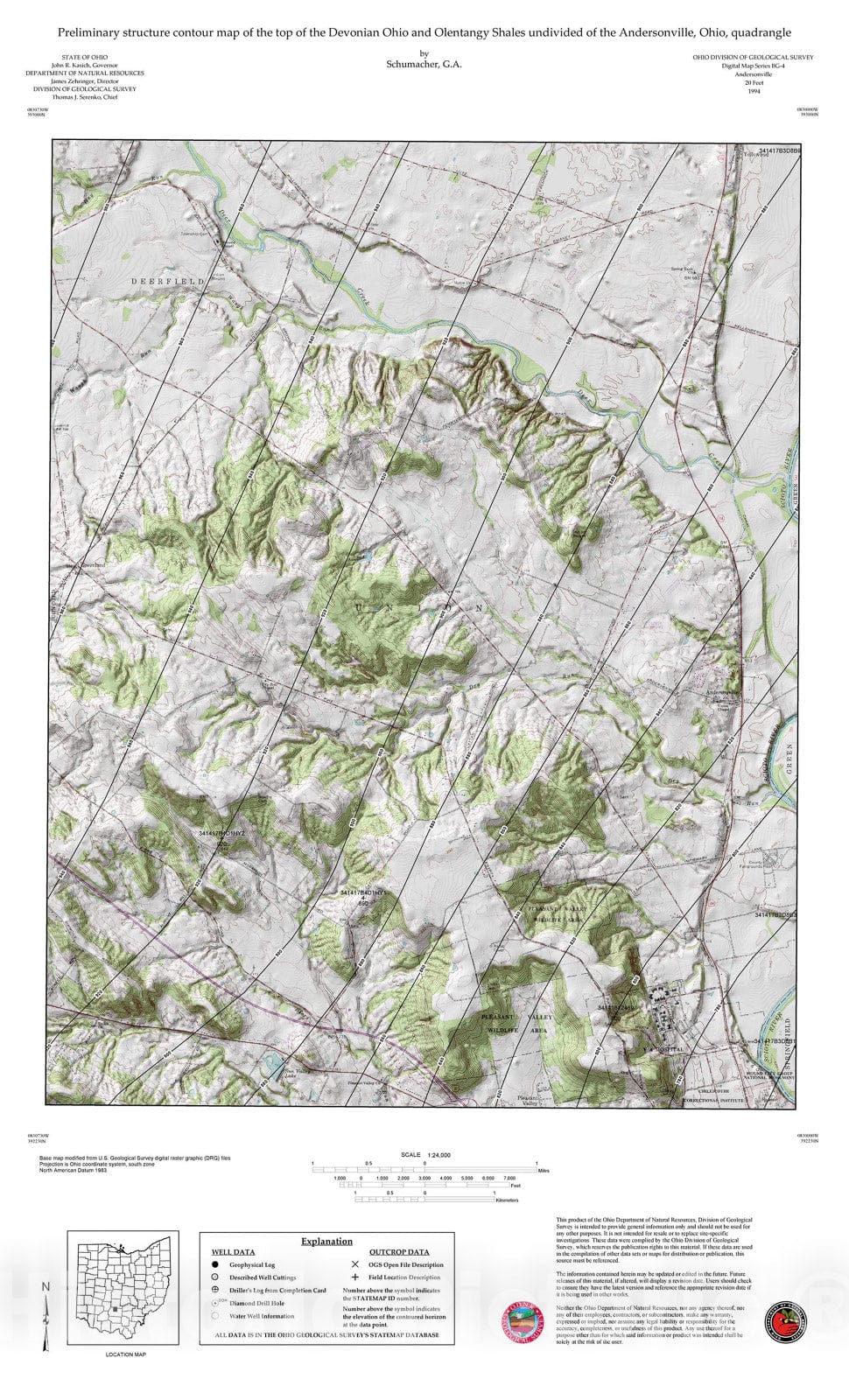 Map : Preliminary structure contour map of the top of the Devonian Ohio and Olentangy Shales undivided of the Andersonville, Ohio, quadrangle, 1994 Cartography Wall Art :