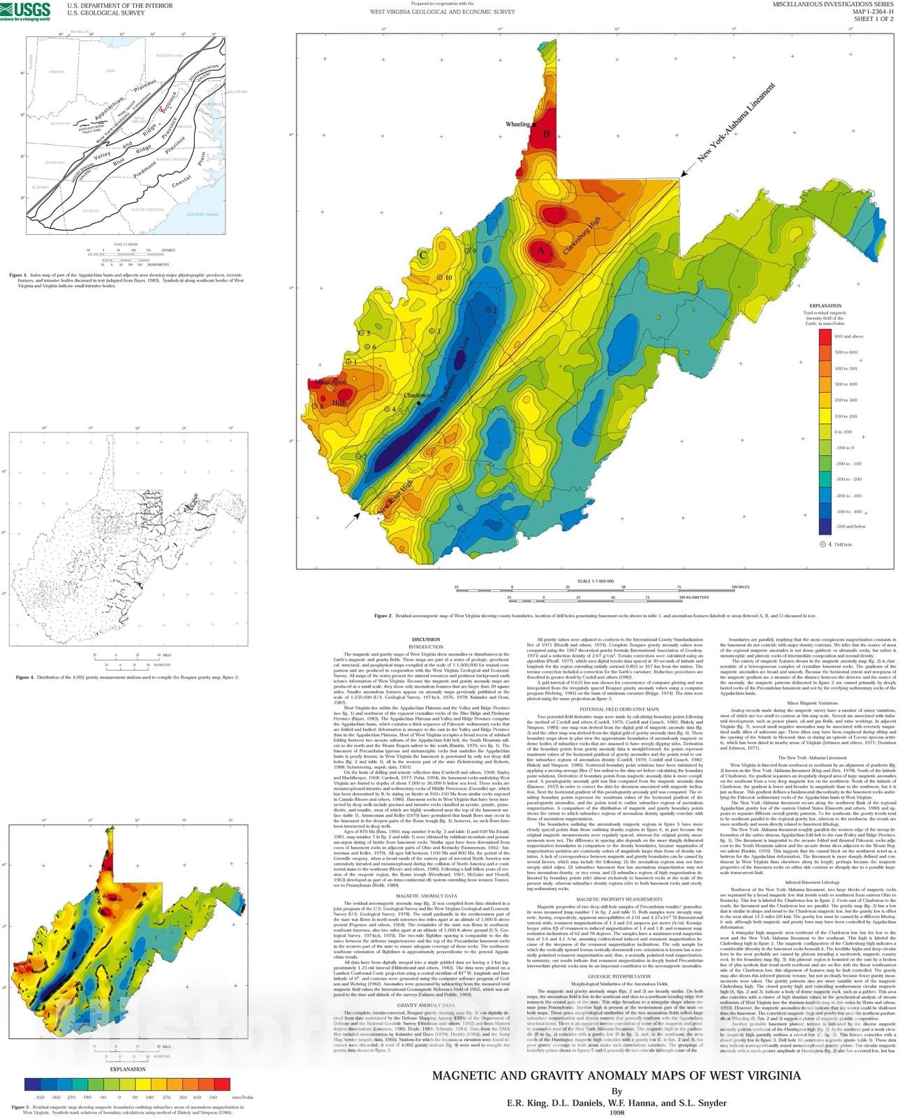 Map : Magnetic and gravity anomaly maps of West Virginia, 1998 Cartography Wall Art :
