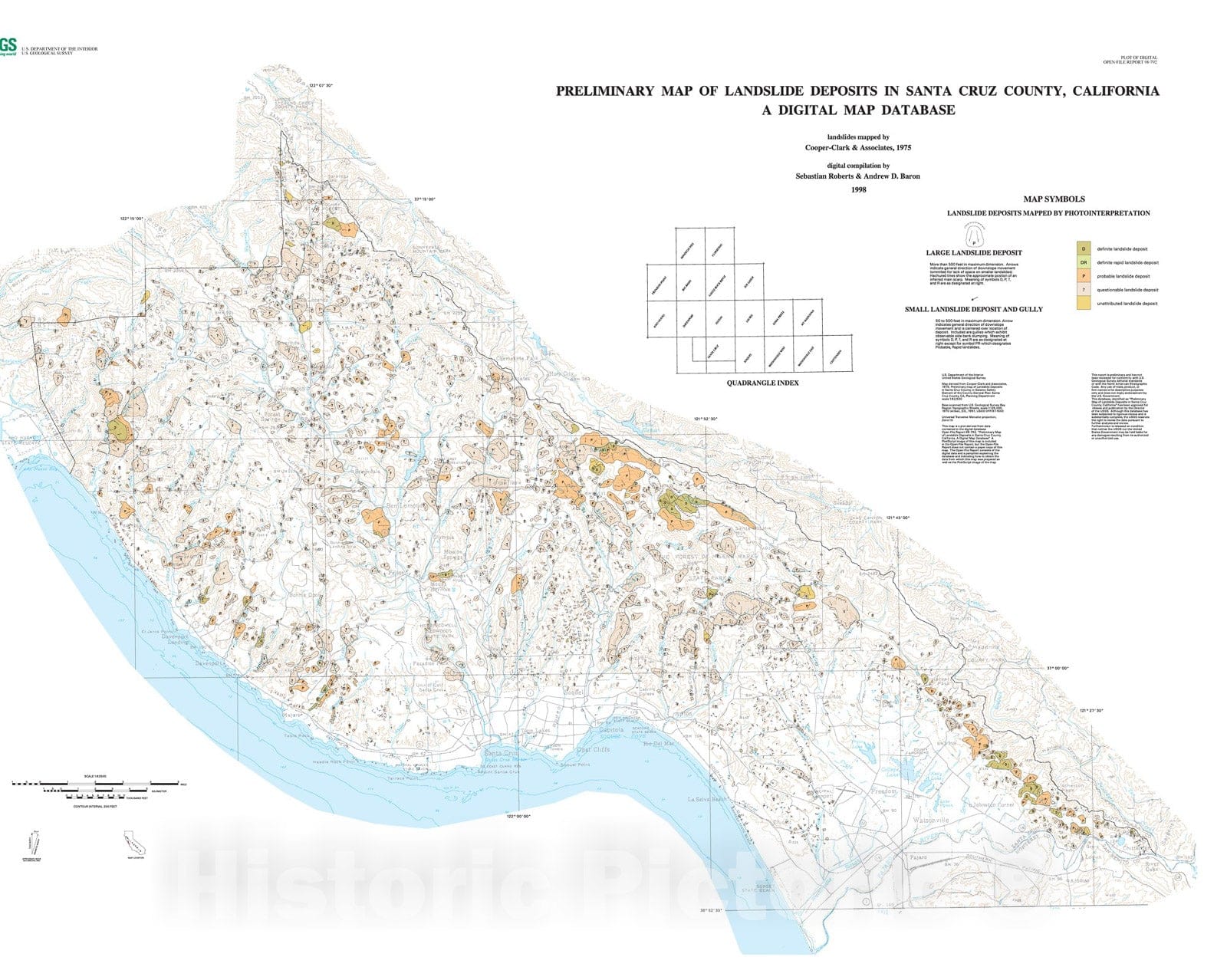 Map : Digital compilation of "Preliminary map of landslide deposits in Santa Cruz County, California, by Cooper-Clark and Associates, 19, 1998 Cartography Wall Art :