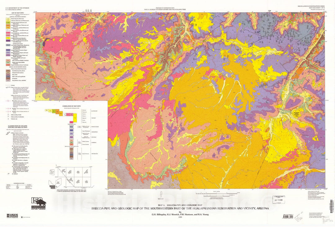 Map : Breccia-pipe and geologic map of the southwestern part of the Hualapai Indian Reservation and vicinity, Arizona, 1999 Cartography Wall Art :