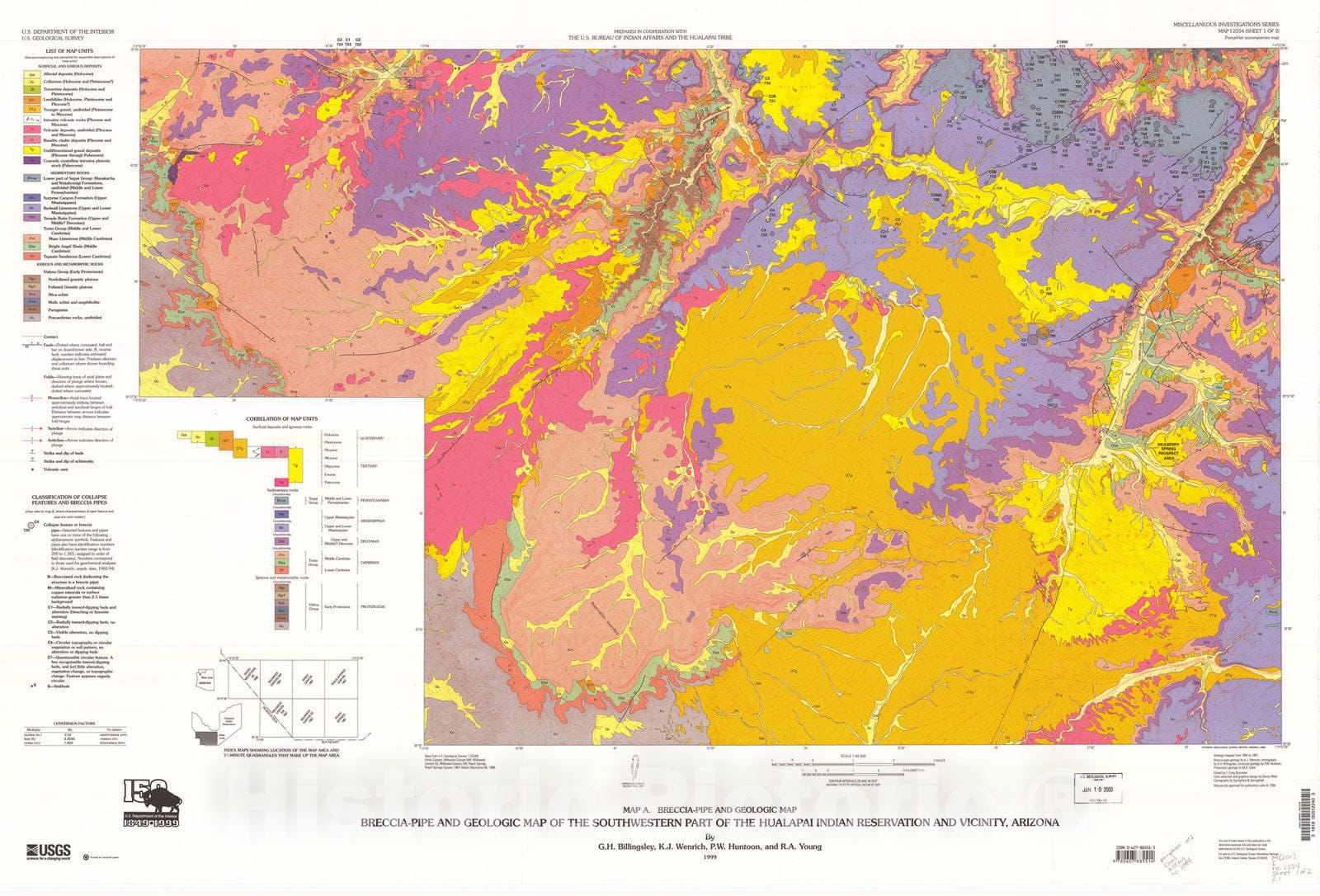 Map : Breccia-pipe and geologic map of the southwestern part of the Hualapai Indian Reservation and vicinity, Arizona, 1999 Cartography Wall Art :