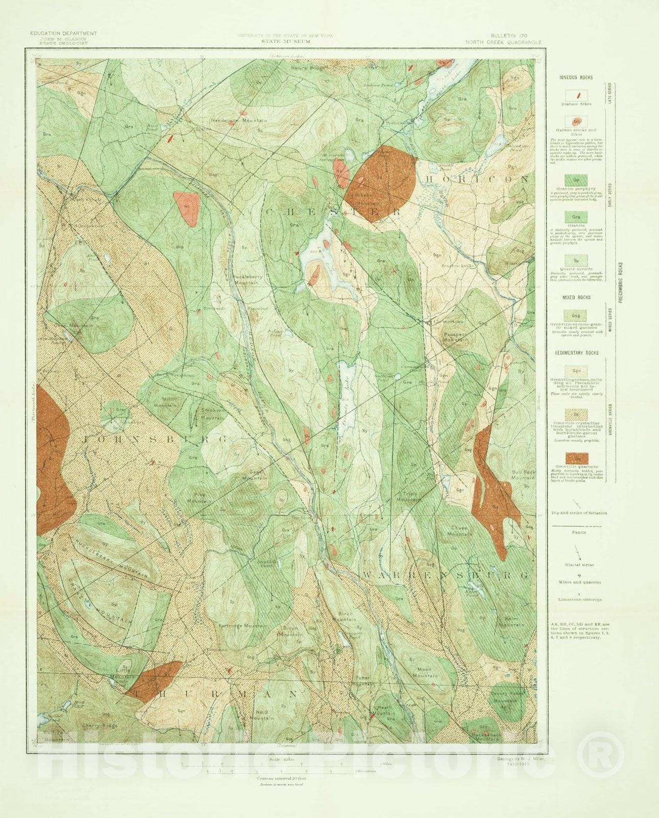 Map : Geology of the North Creek quadrangle, Warren County, New York, 1914 Cartography Wall Art :