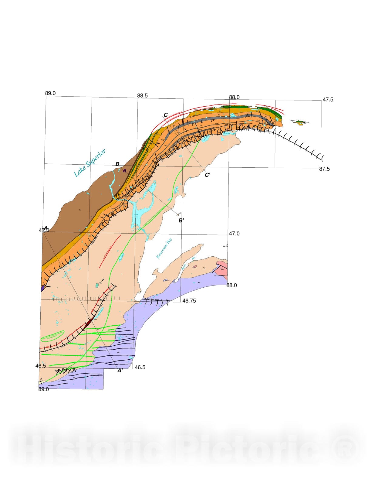 Map : Geology and mineral deposits of the Keweenaw Peninsula and vicinity, Michigan, 1999 Cartography Wall Art :