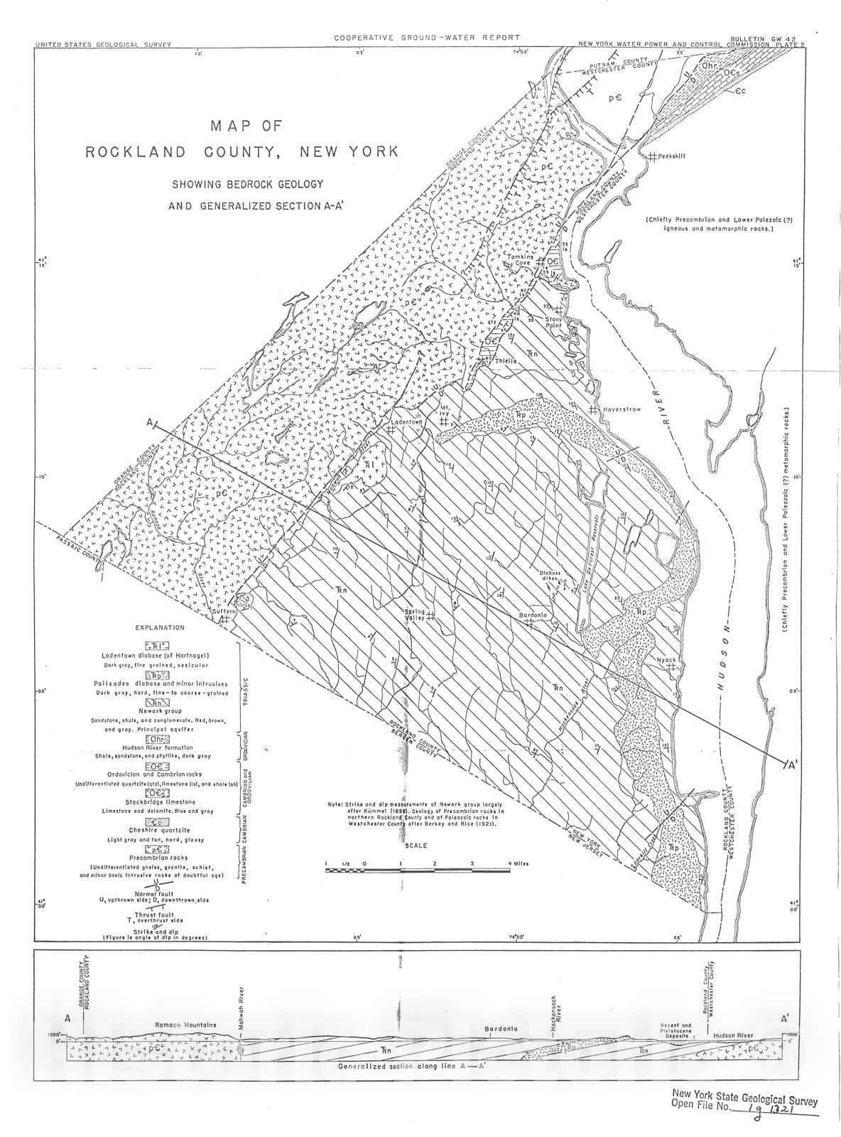 Map : Geologic Map of Rockland County, New York, 1959 Cartography Wall Art :