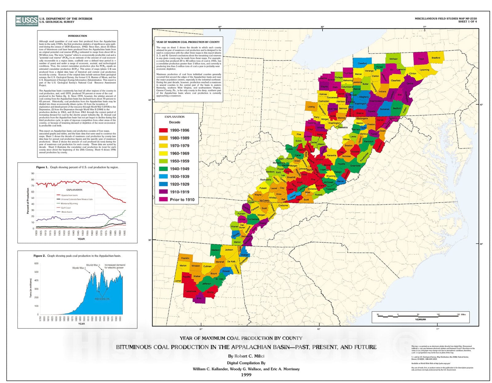 Map : Bituminous coal production in the Appalachian basin - past, present, and future, 1999 Cartography Wall Art :