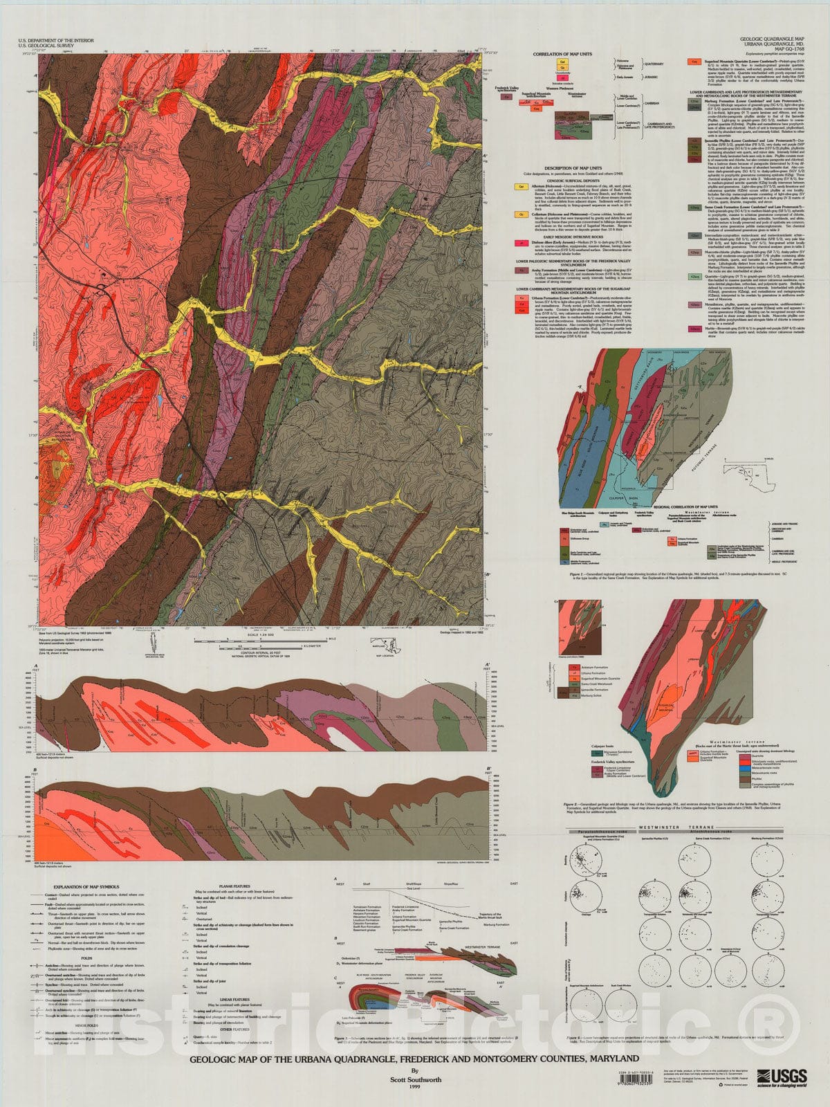 Map : Geologic map of the Urbana quadrangle, Frederick and Montgomery Counties, Maryland, 1999 Cartography Wall Art :
