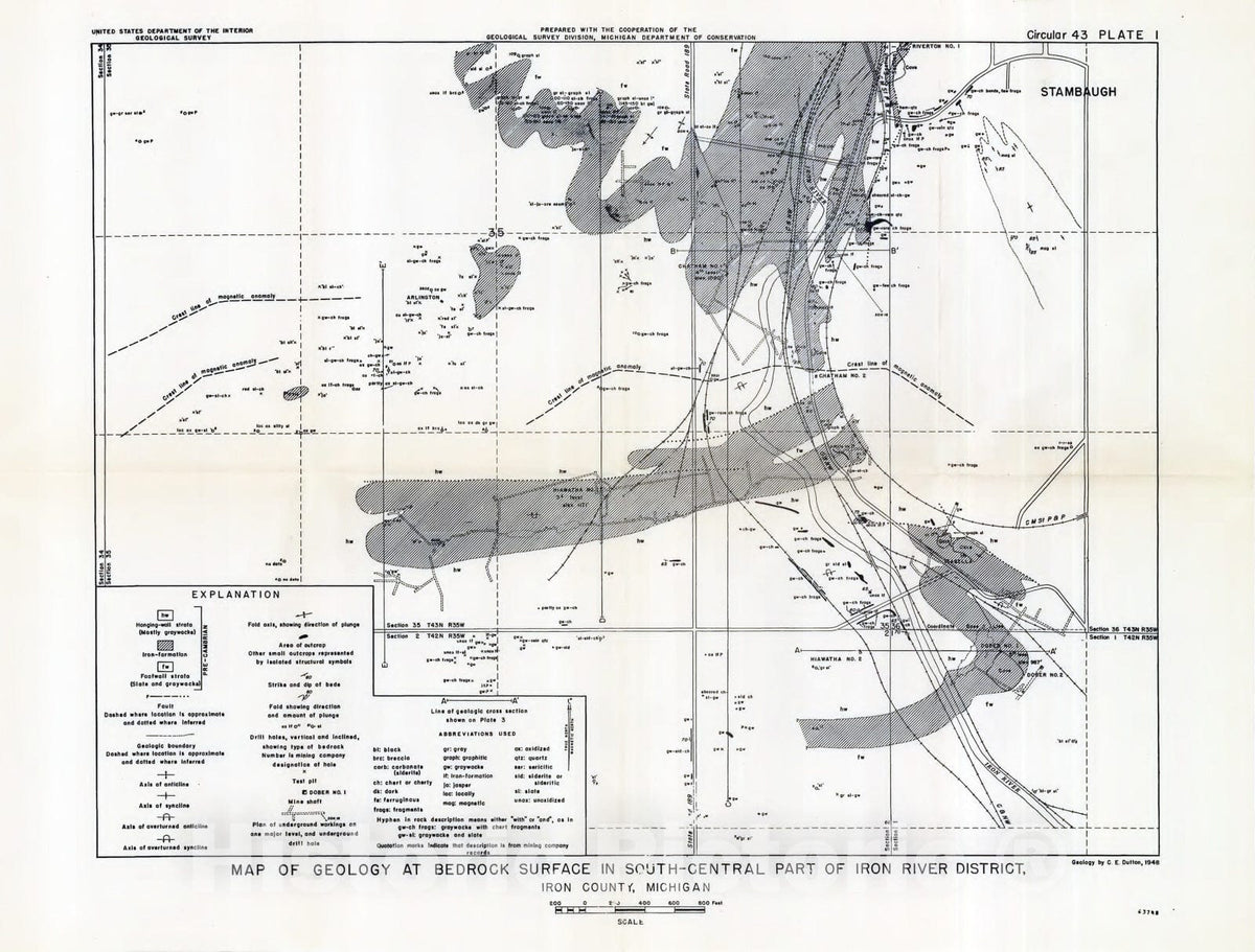 Map : Geology of the central part of the Iron River district, Iron County, Michigan, 1949 Cartography Wall Art :