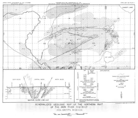Map : Geology of the northern part of the Iron River district, Iron County, Michigan, 1951 Cartography Wall Art :