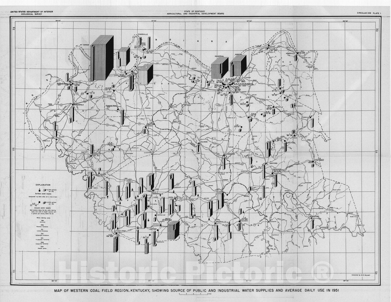 Map : Public and industrial water supplies of the western coal region, Kentucky, 1954 Cartography Wall Art :