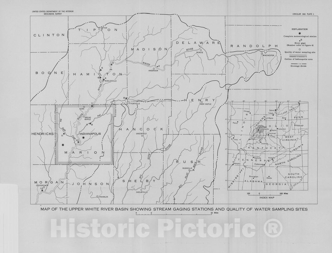 Map : Water resources of the Indianapolis area, Indiana, 1955 Cartography Wall Art :