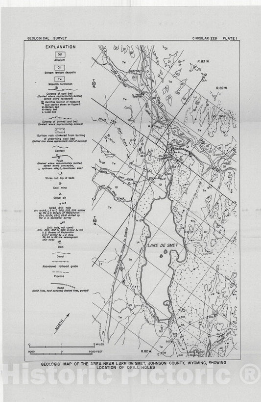 Map : A thick coal bed near Lake De Smet, Johnson County, Wyoming, 1953 Cartography Wall Art :