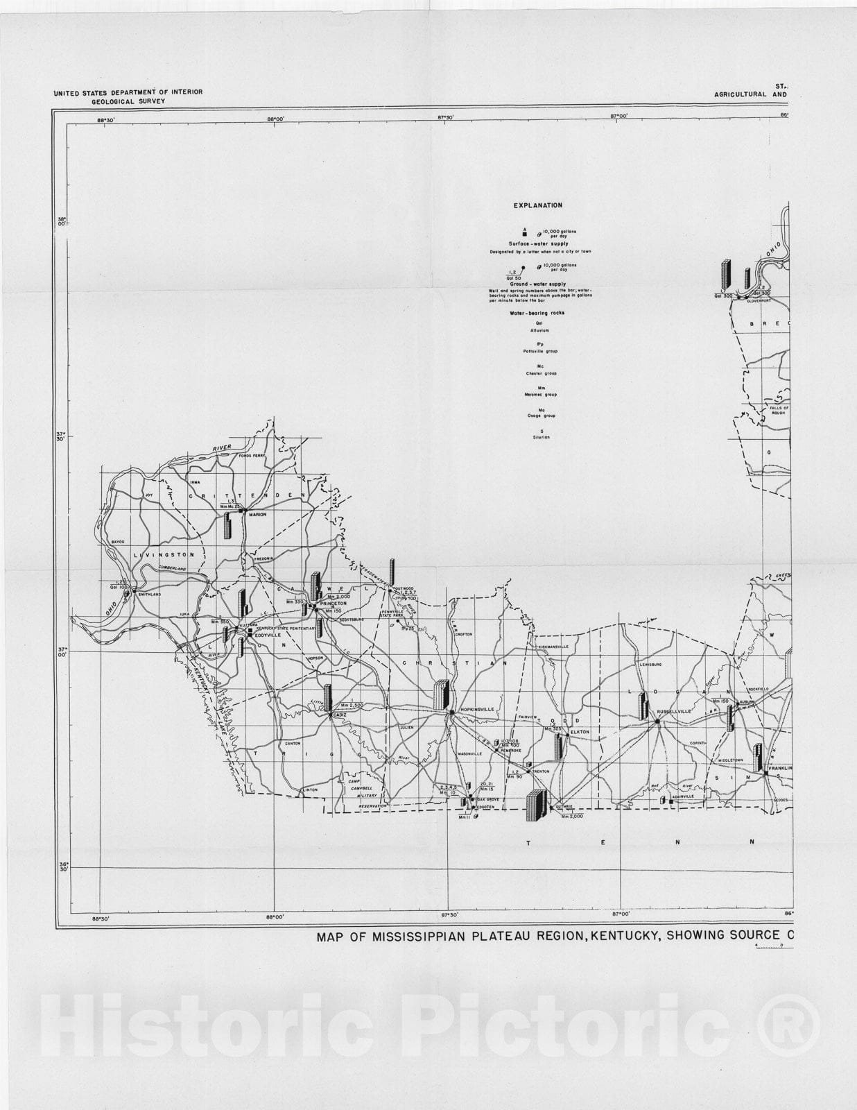 Map : Public and industrial water supplies of the Mississippian plateau region, Kentucky, 1954 Cartography Wall Art :