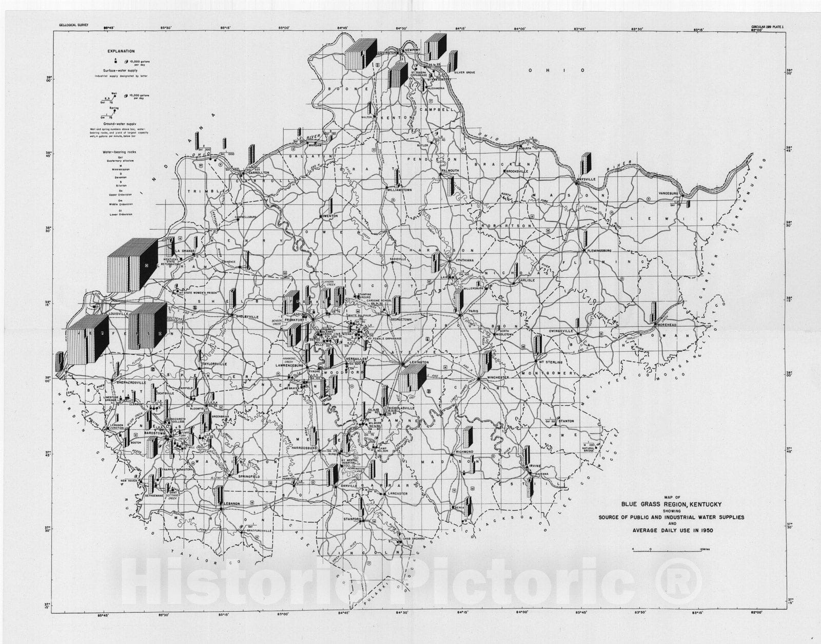 Map : Public and industrial water supplies of the Blue Grass region, Kentucky, 1953 Cartography Wall Art :
