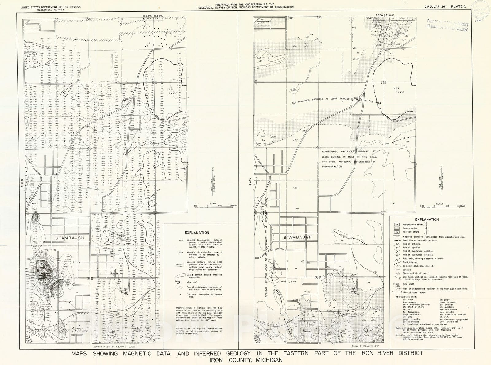 Map : Magnetic survey and geology of the eastern and southern parts of the Iron River district, Iron County, Michigan, 1948 Cartography Wall Art :