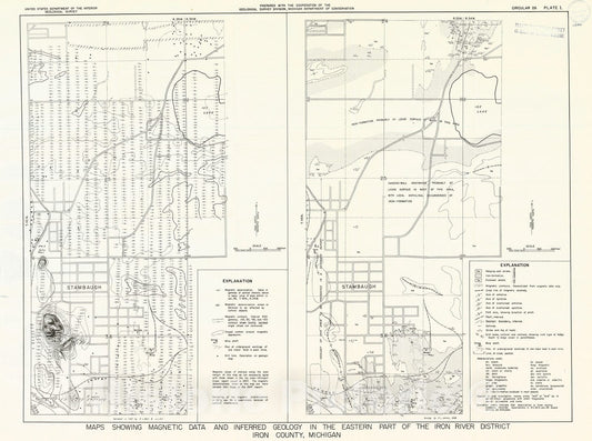 Map : Magnetic survey and geology of the eastern and southern parts of the Iron River district, Iron County, Michigan, 1948 Cartography Wall Art :