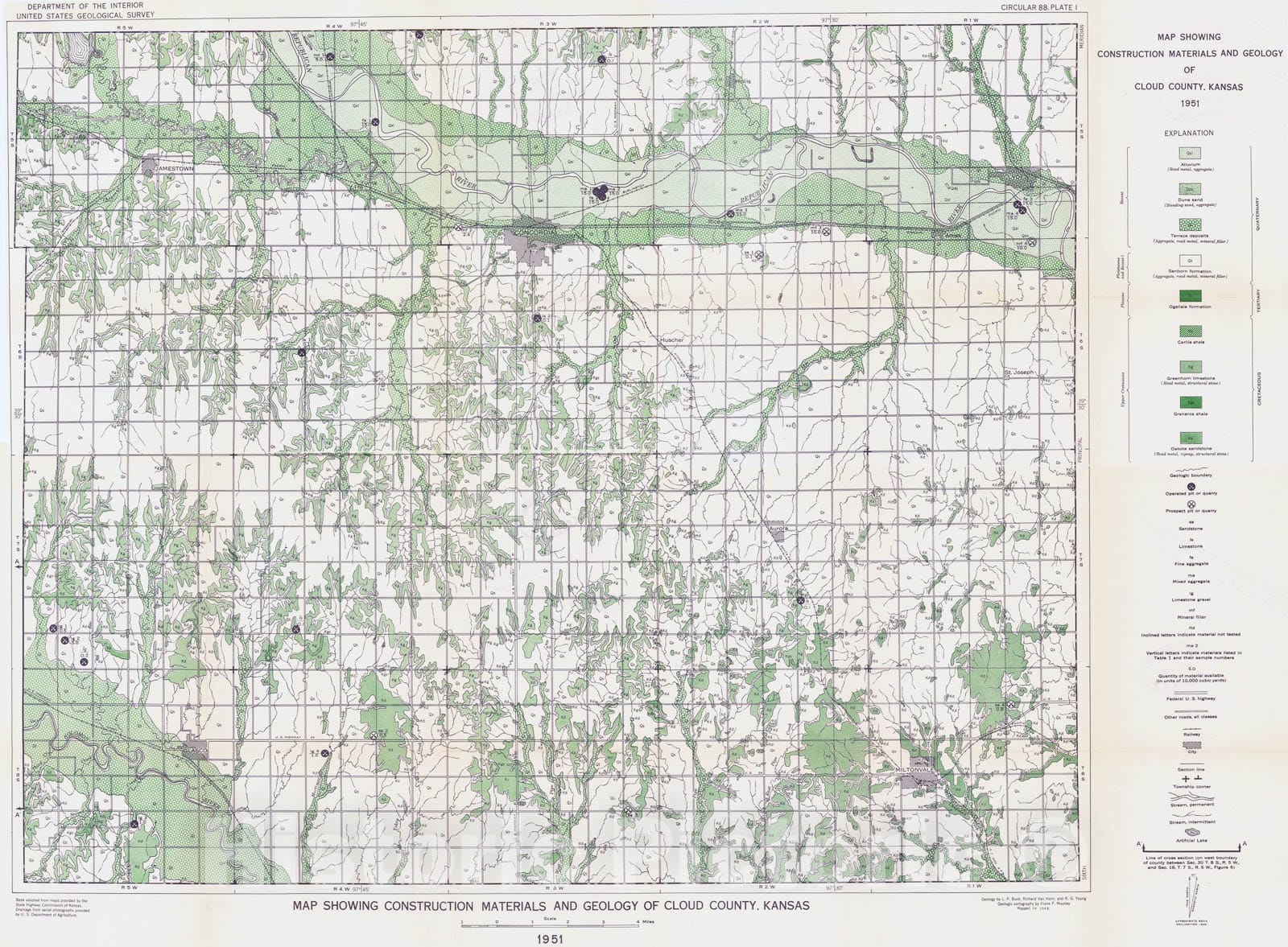 Map : Construction-materials in Cloud County, Kansas, 1951 Cartography Wall Art :