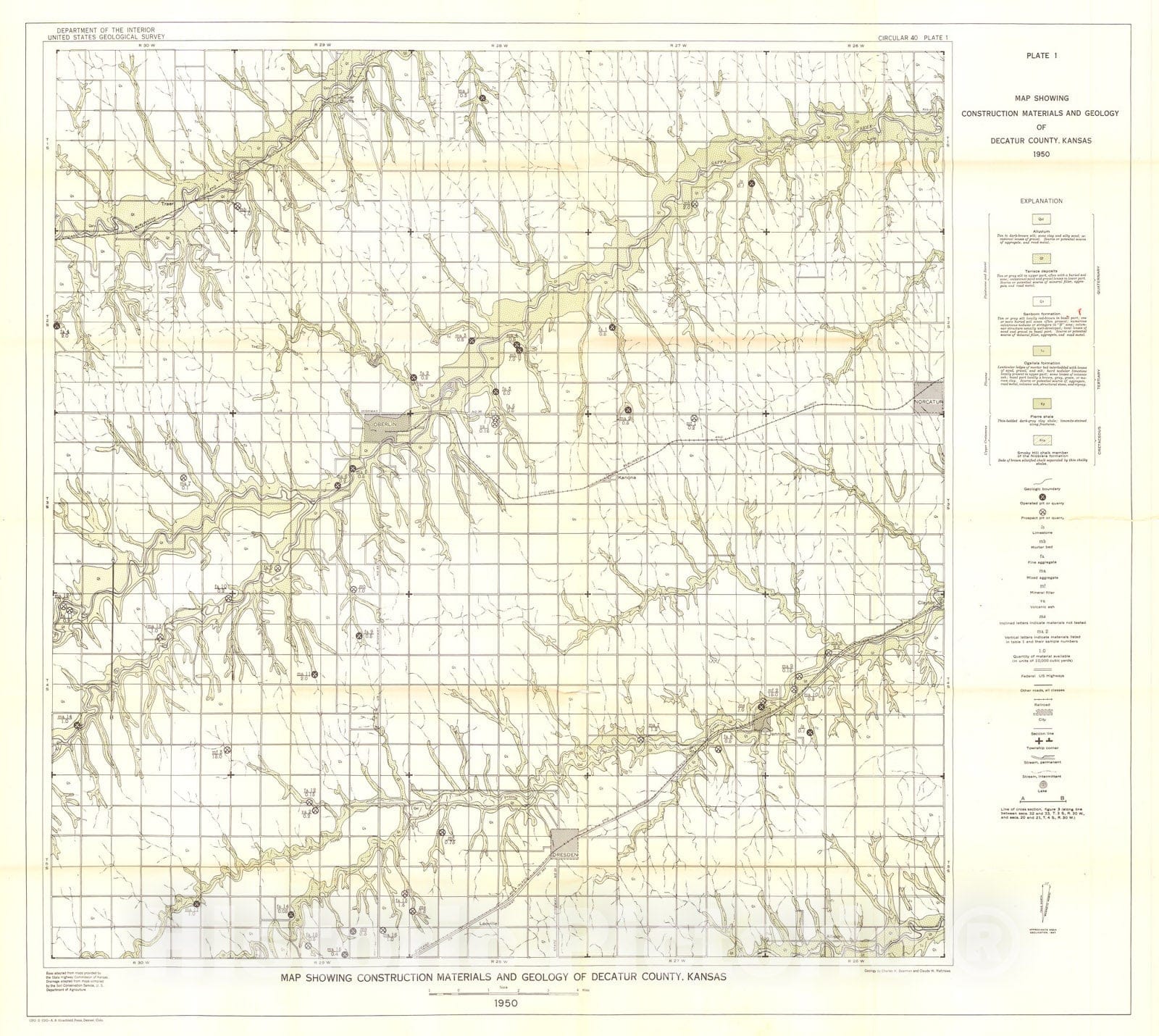 Map : Construction materials in Decatur County, Kansas, 1950 Cartography Wall Art :